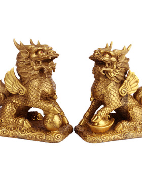 老神仙纯铜麒麟摆件一对客厅玄关