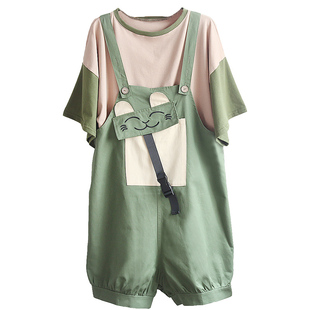 可爱男生男女情侣款软妹中学生两件套休闲裤开心猫口袋宽松背带裤