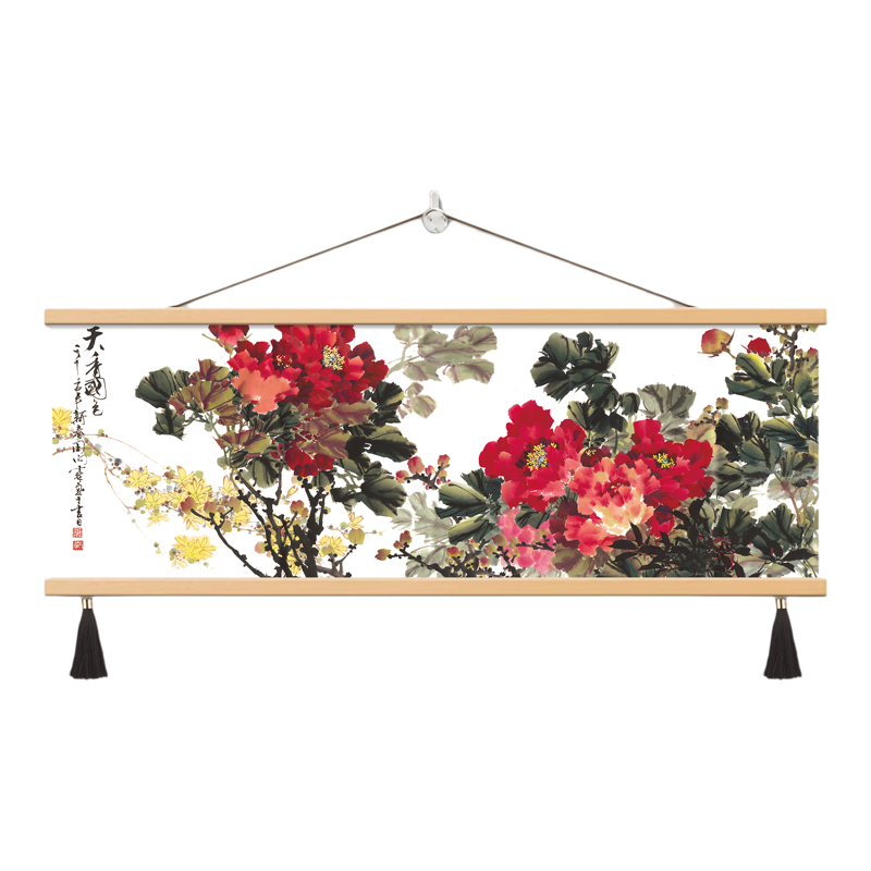 中式牡丹花装饰画客厅挂画松木原色流苏吊穗高清油画布壁画