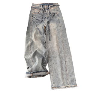 小个子无弹高腰满钻弯刀牛仔裤女春季2026新款宽松遮肉显瘦阔腿裤