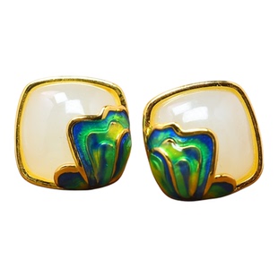 925银天然和田玉白玉小方糖新中式国风复古珐琅玉石耳钉耳饰耳环