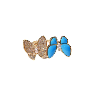 双生蝴蝶绿松石镶嵌满钻镀18K金戒指女精致小巧优雅复古日常百搭