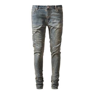 【现货】BONELESS 经典水洗做旧蓝色复古弹力修身泼墨牛仔裤