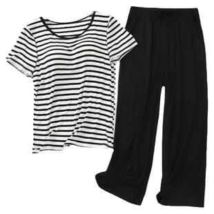 莫代尔女带胸垫半袖罩杯一体条纹宽松版短袖睡衣七分裤家居服套装