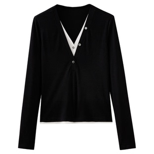 水云间V领假两件天丝针织衫女莱赛尔长袖内搭毛衣上衣2026春新款