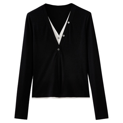 水云间V领假两件天丝针织衫女莱赛尔长袖内搭毛衣上衣2026春新款