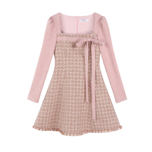 方领粉色小香风连衣裙女小个子冬季新款系带流苏收腰a字公主裙子