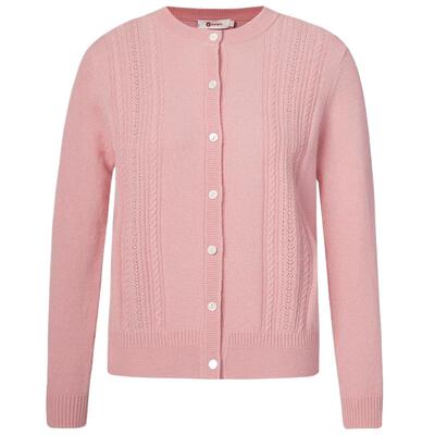 皮皮狗开衫羊绒圆领挑洞绞花