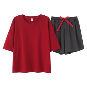2023新款夏季纯棉睡衣女学生宿舍纯色本命年红色家居服短裤两件套