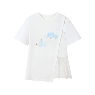 飞鸟和新酒设计感白色T恤女2025夏新款短款宽松拼接套头圆领上衣