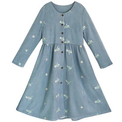 原创蓝色刺绣风衣女冬季长款外套