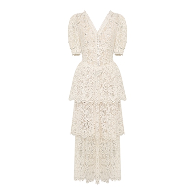 Maison Wester2025夏季新款白色蕾丝V领泡泡袖多层连衣裙