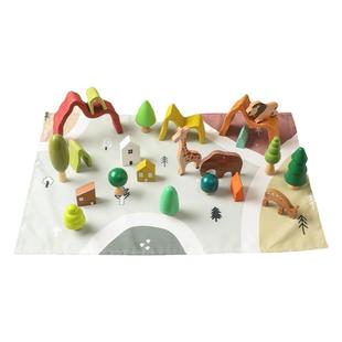 北欧木质森林小树摆件树木房子石头积木彩虹绿色小房子儿童玩具