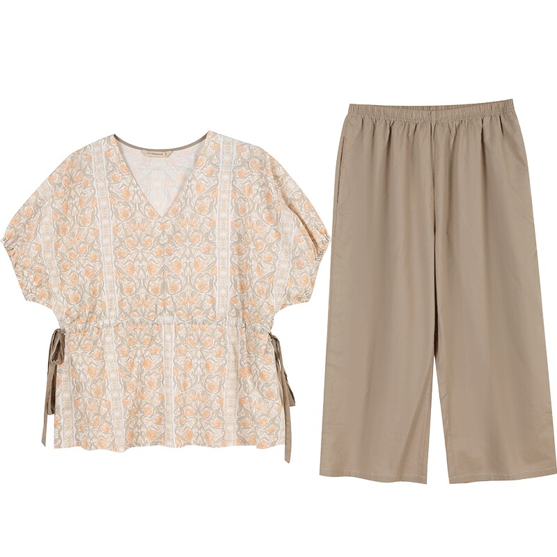秋鹿梭织莫代尔睡衣女夏季V领中袖七分裤青年家居服春夏薄款套装