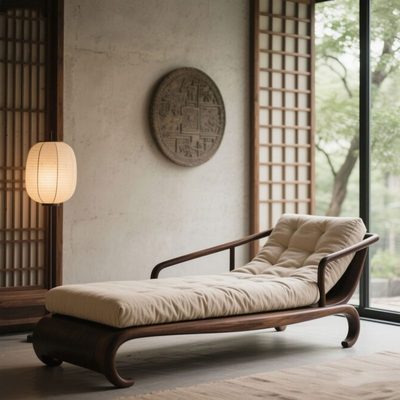 宋氏美学实木贵妃椅家用客厅贵妃沙发休闲椅黑胡桃白蜡木贵妃榻