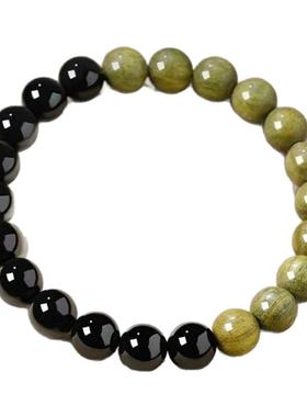 【特价】天然老绿檀木黑曜石红玛瑙手串男女半山半水文盘玩手链饰