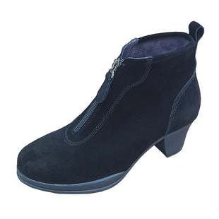 舒适不累脚厚底粗跟短靴女2025新款圆头宽脚配裙子真皮中跟软底鞋