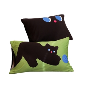 抹茶小黑 原创甜酷小黑猫全棉枕套60支新疆长绒棉枕芯罩搞怪可爱