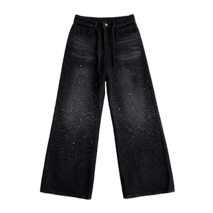 碎落星河重工烫钻阔腿牛仔裤女2026冬季加绒高腰宽松显瘦堆堆长裤