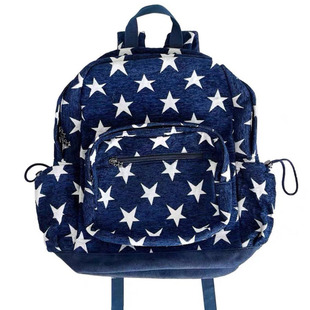 Mirenbu迷人布拼接双肩包皮星星牛仔条纹大容量情侣百搭春夏书包