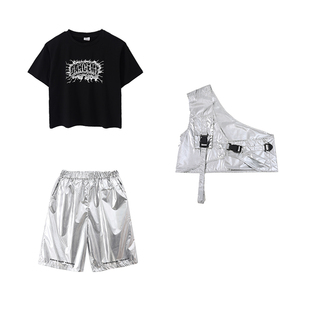 儿童舞蹈演出服男女童街舞hiphop架子鼓套装银色单肩半边马甲酷帅