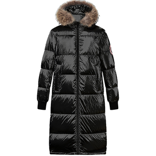 BM男士羽绒服冬季2024新款潮牌徽章中长款连帽毛领亮面保暖外套黑