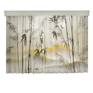 中式古风国画水墨竹子禅意背景隔断书房办公室客厅透光不透人纱帘