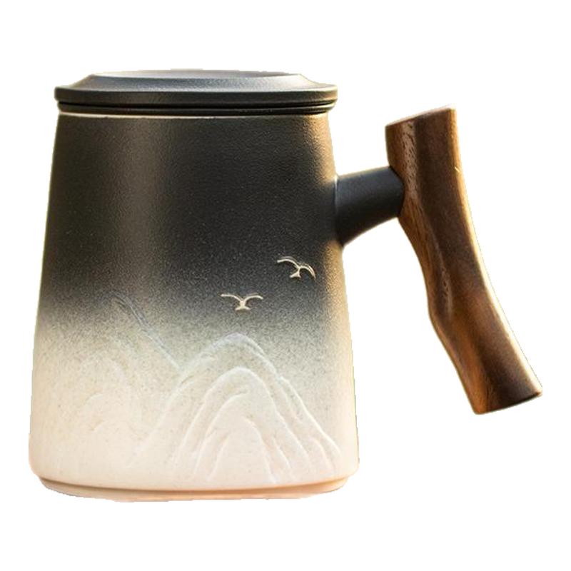 浮雕山水风茶水分离陶瓷泡茶杯
