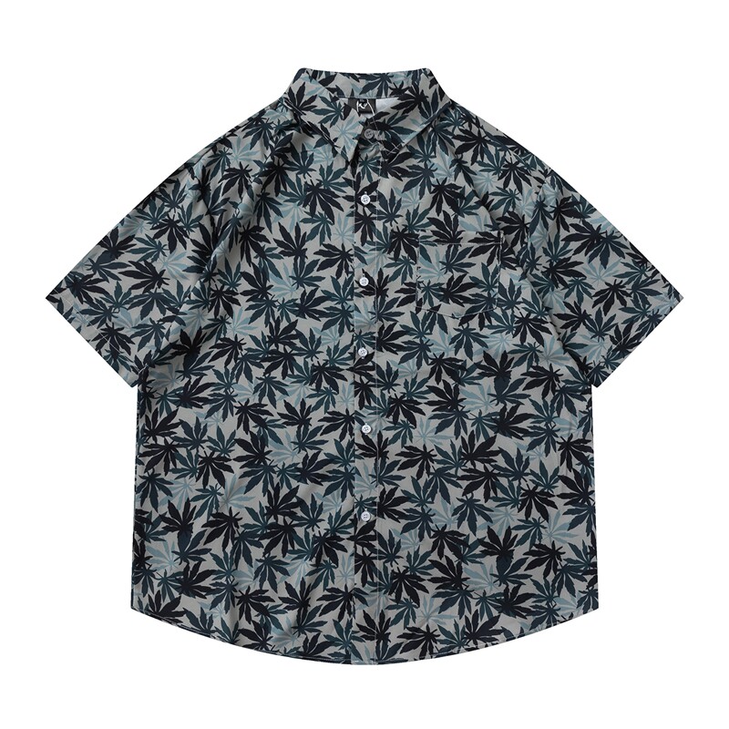 TRAVEL ISLAND 缓缓飘落 沙滩度假风植物树叶印花夏威夷短袖衬衫