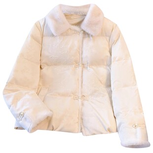 白色新中式国风羊羔毛拼接翻领短款羽绒服女2025冬装新款加厚外套