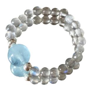 OkFineyard天然灰月光石海蓝宝戒指女水晶串珠转好运指环小众设计