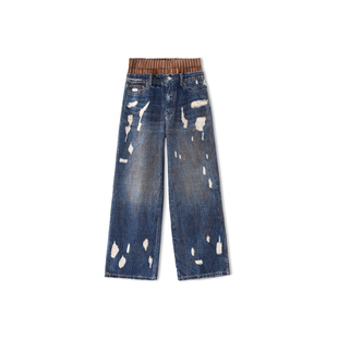 MSKIN6秋冬双腰头高腰牛仔裤女弹力条纹腰头纯棉重工洗水假破洞