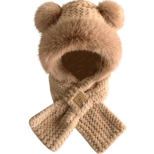 小熊帽子围巾一体女秋冬季骑车防寒围脖保暖护耳可爱毛绒手套口罩