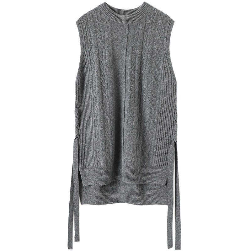 美到飙泪！侧边绑带前短后长绞花羊绒背心女纯羊绒衫毛衣马甲加厚