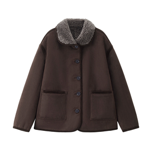 设计师款佐丹奴皮毛一体夹克女装新款宽松双面穿翻领外套18375613