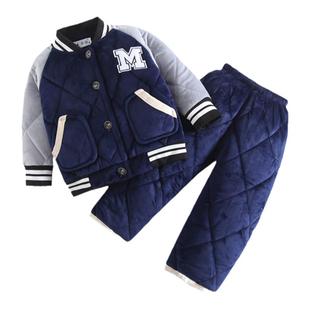 儿童睡衣冬季加厚款男女孩法兰绒夹棉套装宝宝中大童家居服棒球服