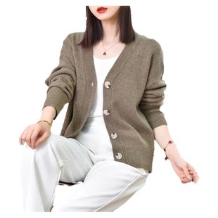 100%全羊毛开衫2026春季新款宽松短款毛衣V领全毛针织开衫外套女