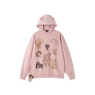 BJHG不计后果美式卫衣女款2025新款冬潮牌动物插画连帽重磅外套男