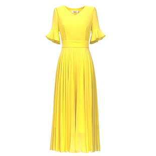 2025夏季新款黄色雪纺仙女连衣裙薄款显瘦长款大摆裙子沙滩长裙女