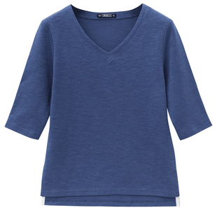 2025新款春季纯棉打底衫七分袖v领上衣竹节棉中年妈妈中袖t恤女装