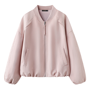 拉夏贝尔/La Chapelle休闲v领拉链段外套女2026春季粉色夹克上衣