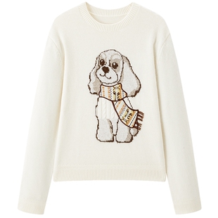 【商场同款】乐町小狗白色圆领毛衣羊毛混纺针织衫C2EEF4356