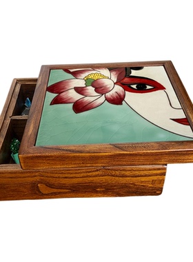 老榆木实木手绘陶瓷四宫格果盒