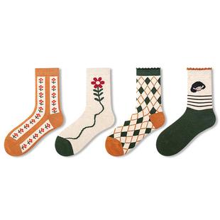 耐尔袜子女丝光羊毛秋冬加厚棉抗寒保暖复古网红潮可爱花朵中筒袜