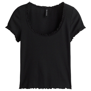 HM女装T恤春季柔软短袖优雅气质蕾丝饰边上衣1296486
