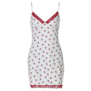 gusty纯欲辣妹风樱桃吊带裙蕾丝花边性感低胸连衣裙甜辣chic裙子