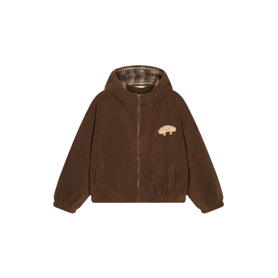 唐狮宽松连帽短款仿羊羔毛外套女