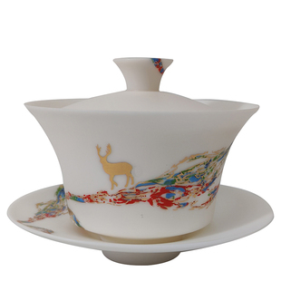 德化白瓷超薄胎冰种羊脂玉瓷不烫手盖碗大师手绘堆料高档茶具套装