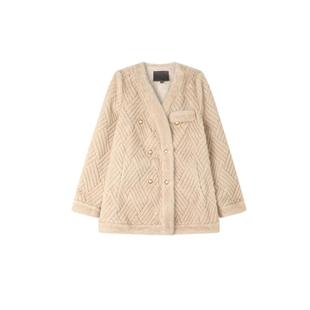 白鹿语法式菱形格压花大衣秋季新款气质保暖加厚毛感外套女