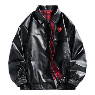 查尔斯桃心 美式复古格子PU皮夹克男款春秋季翻领防风机车服外套